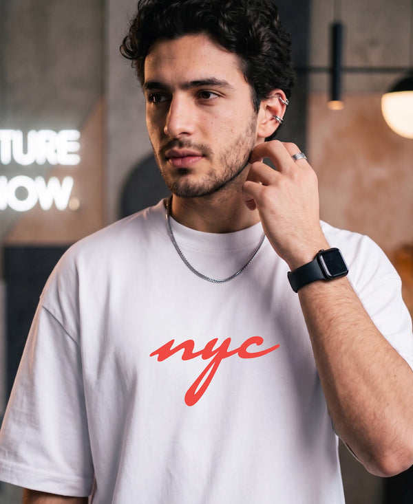 T.T. Men|Oversized Printed T-Shirt|Round Neck|Soft Breathable Cotton Fabric | Street , Casual & Outdoor Wear Tees|Nyc Print|White
