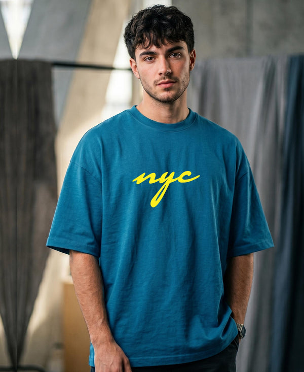 T.T. Men|Oversized Printed T-Shirt|Round Neck|Soft Breathable Cotton Fabric | Street , Casual & Outdoor Wear Tees|Nyc Print|Teal Blue