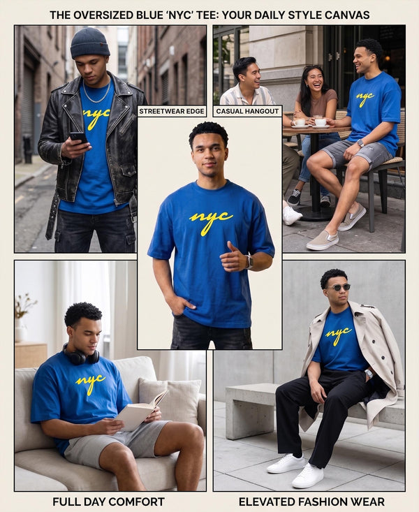 T.T. Men|Oversized Printed T-Shirt|Round Neck|Soft Breathable Cotton Fabric | Street , Casual & Outdoor Wear Tees|Nyc Print|Royal Blue