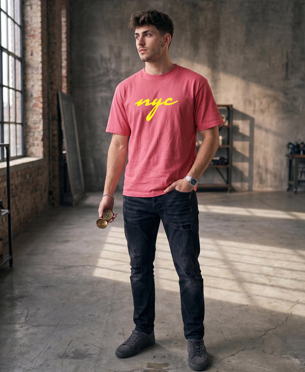 T.T. Men|Oversized Printed T-Shirt|Round Neck|Soft Breathable Cotton Fabric | Street , Casual & Outdoor Wear Tees|Nyc Print|Pink