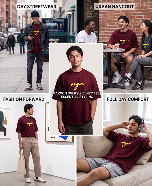 T.T. Men|Oversized Printed T-Shirt|Round Neck|Soft Breathable Cotton Fabric | Street , Casual & Outdoor Wear Tees|Nyc Print|Maroon