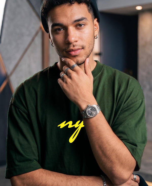 T.T. Men|Oversized Printed T-Shirt|Round Neck|Soft Breathable Cotton Fabric | Street , Casual & Outdoor Wear Tees|Nyc Print|Green