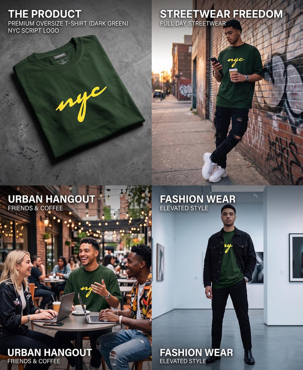 T.T. Men|Oversized Printed T-Shirt|Round Neck|Soft Breathable Cotton Fabric | Street , Casual & Outdoor Wear Tees|Nyc Print|Green