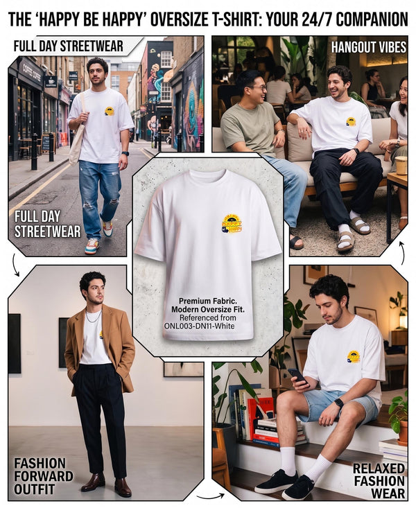 T.T. Men|Oversized Printed T-Shirt|Round Neck|Soft Breathable Cotton Fabric | Street , Casual & Outdoor Wear Tees|Happy Print|White