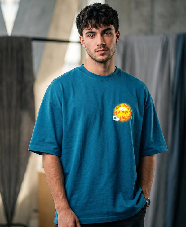 T.T. Men|Oversized Printed T-Shirt|Round Neck|Soft Breathable Cotton Fabric | Street , Casual & Outdoor Wear Tees|Happy Print|Teal Blue
