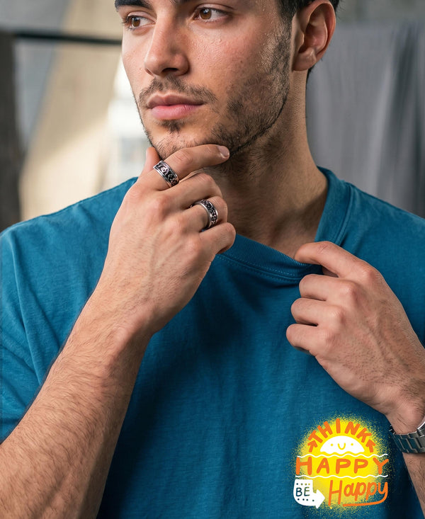 T.T. Men|Oversized Printed T-Shirt|Round Neck|Soft Breathable Cotton Fabric | Street , Casual & Outdoor Wear Tees|Happy Print|Teal Blue