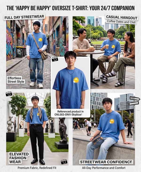 T.T. Men|Oversized Printed T-Shirt|Round Neck|Soft Breathable Cotton Fabric | Street , Casual & Outdoor Wear Tees|Happy Print|Sky Blue