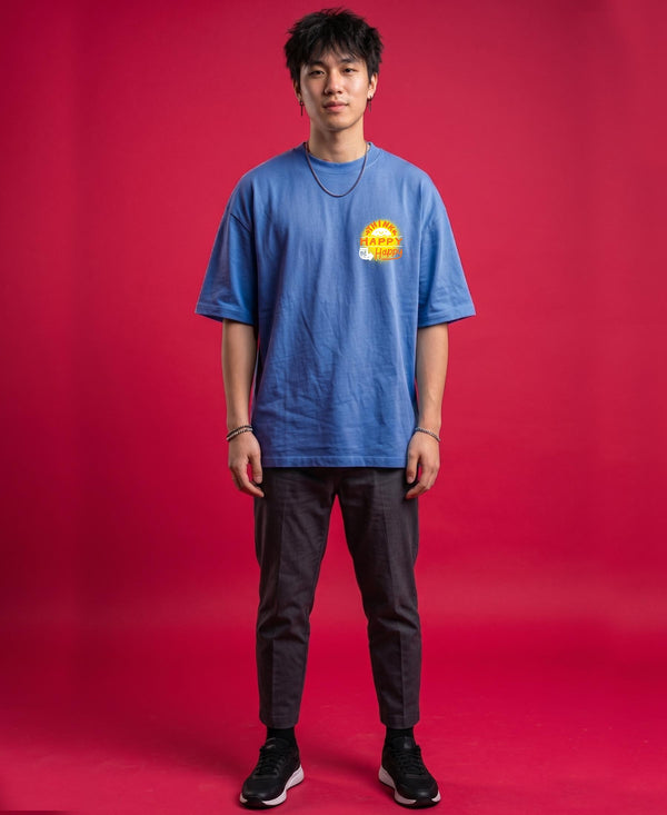 T.T. Men|Oversized Printed T-Shirt|Round Neck|Soft Breathable Cotton Fabric | Street , Casual & Outdoor Wear Tees|Happy Print|Sky Blue