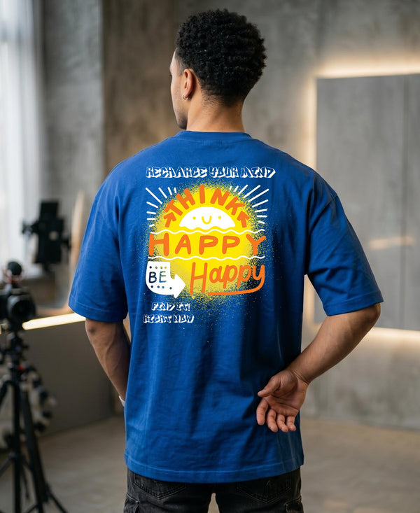T.T. Men|Oversized Printed T-Shirt|Round Neck|Soft Breathable Cotton Fabric | Street , Casual & Outdoor Wear Tees|Happy Print|Royal Blue