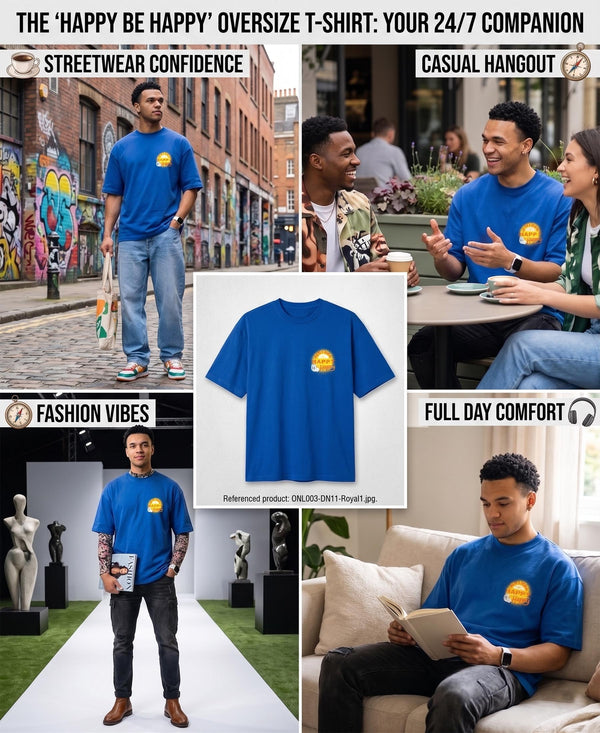 T.T. Men|Oversized Printed T-Shirt|Round Neck|Soft Breathable Cotton Fabric | Street , Casual & Outdoor Wear Tees|Happy Print|Royal Blue