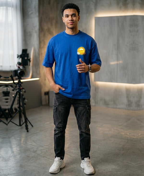 T.T. Men|Oversized Printed T-Shirt|Round Neck|Soft Breathable Cotton Fabric | Street , Casual & Outdoor Wear Tees|Happy Print|Royal Blue