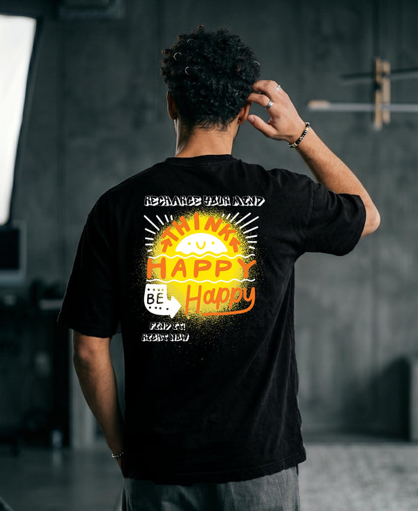 T.T. Men|Oversized Printed T-Shirt|Round Neck|Soft Breathable Cotton Fabric | Street , Casual & Outdoor Wear Tees|Happy Print|Black
