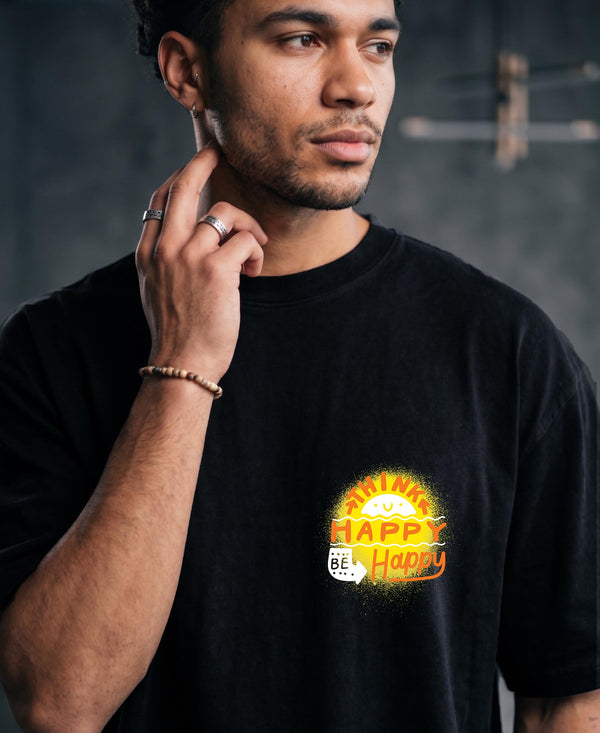 T.T. Men|Oversized Printed T-Shirt|Round Neck|Soft Breathable Cotton Fabric | Street , Casual & Outdoor Wear Tees|Happy Print|Black