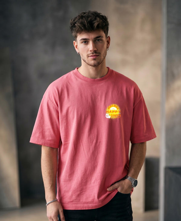 T.T. Men|Oversized Printed T-Shirt|Round Neck|Soft Breathable Cotton Fabric | Street , Casual & Outdoor Wear Tees|Happy Print|Pink