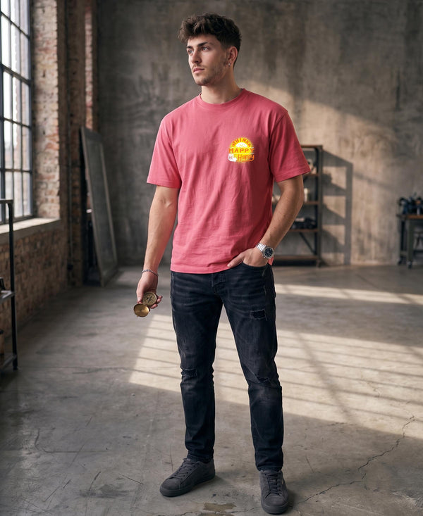 T.T. Men|Oversized Printed T-Shirt|Round Neck|Soft Breathable Cotton Fabric | Street , Casual & Outdoor Wear Tees|Happy Print|Pink