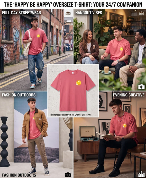 T.T. Men|Oversized Printed T-Shirt|Round Neck|Soft Breathable Cotton Fabric | Street , Casual & Outdoor Wear Tees|Happy Print|Pink