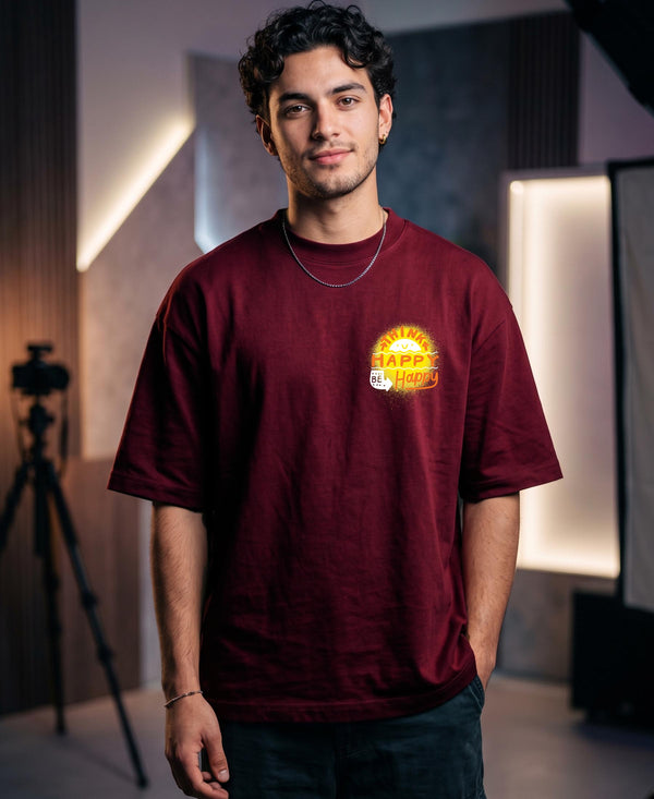 T.T. Men|Oversized Printed T-Shirt|Round Neck|Soft Breathable Cotton Fabric | Street , Casual & Outdoor Wear Tees|Happy Print|Maroon