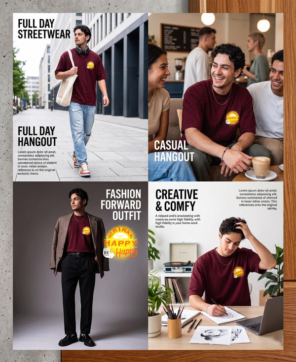 T.T. Men|Oversized Printed T-Shirt|Round Neck|Soft Breathable Cotton Fabric | Street , Casual & Outdoor Wear Tees|Happy Print|Maroon