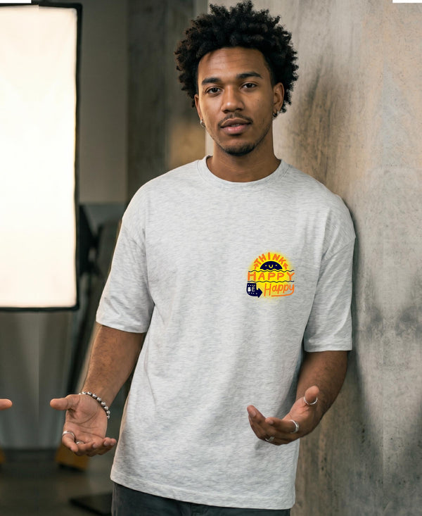 T.T. Men|Oversized Printed T-Shirt|Round Neck|Soft Breathable Cotton Fabric | Street , Casual & Outdoor Wear Tees|Happy Print|Grey Melange