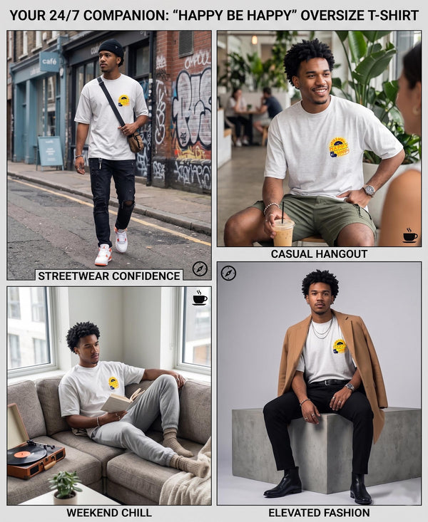 T.T. Men|Oversized Printed T-Shirt|Round Neck|Soft Breathable Cotton Fabric | Street , Casual & Outdoor Wear Tees|Happy Print|Grey Melange