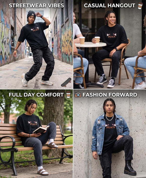 T.T. Women|Oversized Printed T-Shirt|Round Neck|Soft Breathable Cotton Fabric | Street , Casual & Outdoor Wear Tees|Peace Print|Black