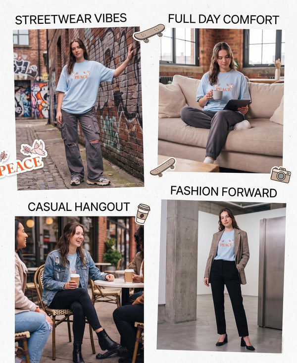 T.T. Women|Oversized Printed T-Shirt|Round Neck|Soft Breathable Cotton Fabric | Street , Casual & Outdoor Wear Tees|Peace Print|Baby Blue