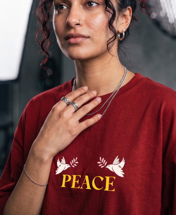 T.T. Women|Oversized Printed T-Shirt|Round Neck|Soft Breathable Cotton Fabric | Street , Casual & Outdoor Wear Tees|Peace Print|Red