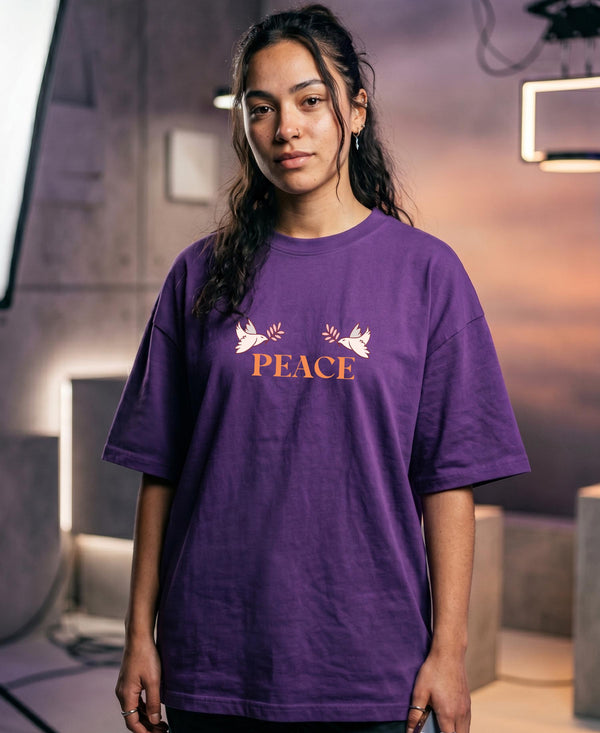 T.T. Women|Oversized Printed T-Shirt|Round Neck|Soft Breathable Cotton Fabric | Street , Casual & Outdoor Wear Tees|Peace Print|Purple
