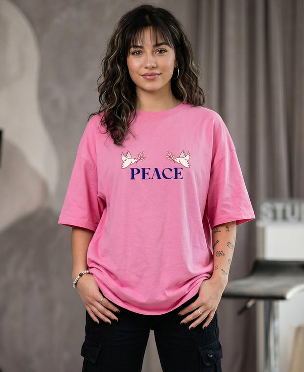 T.T. Women|Oversized Printed T-Shirt|Round Neck|Soft Breathable Cotton Fabric | Street , Casual & Outdoor Wear Tees|Peace Print|Pink