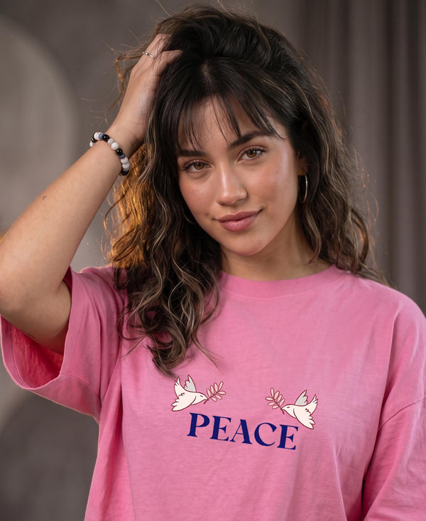 T.T. Women|Oversized Printed T-Shirt|Round Neck|Soft Breathable Cotton Fabric | Street , Casual & Outdoor Wear Tees|Peace Print|Pink