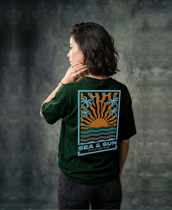 T.T. Women|Oversized Printed T-Shirt|Round Neck|Soft Breathable Cotton Fabric | Street , Casual & Outdoor Wear Tees|Sea & Sun Print|Green