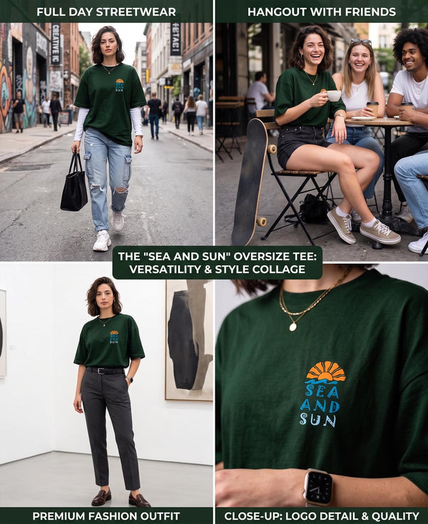 T.T. Women|Oversized Printed T-Shirt|Round Neck|Soft Breathable Cotton Fabric | Street , Casual & Outdoor Wear Tees|Sea & Sun Print|Green