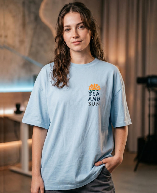 T.T. Women|Oversized Printed T-Shirt|Round Neck|Soft Breathable Cotton Fabric | Street , Casual & Outdoor Wear Tees|Sea & Sun Print|Baby Blue