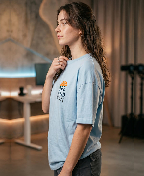 T.T. Women|Oversized Printed T-Shirt|Round Neck|Soft Breathable Cotton Fabric | Street , Casual & Outdoor Wear Tees|Sea & Sun Print|Baby Blue