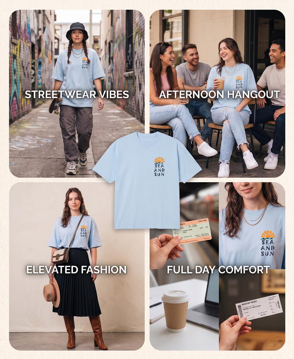 T.T. Women|Oversized Printed T-Shirt|Round Neck|Soft Breathable Cotton Fabric | Street , Casual & Outdoor Wear Tees|Sea & Sun Print|Baby Blue