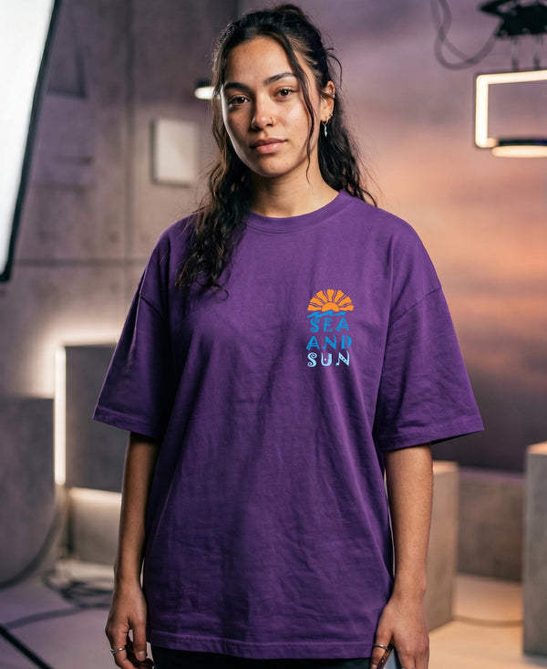 T.T. Women|Oversized Printed T-Shirt|Round Neck|Soft Breathable Cotton Fabric | Street , Casual & Outdoor Wear Tees|Sea & Sun Print|Purple