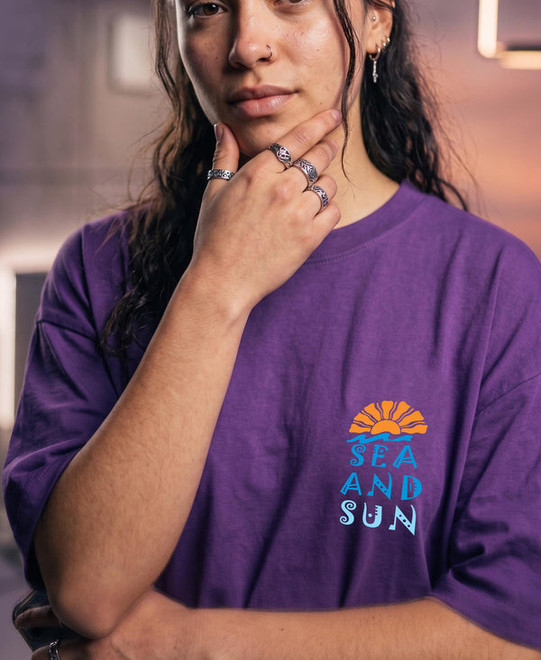 T.T. Women|Oversized Printed T-Shirt|Round Neck|Soft Breathable Cotton Fabric | Street , Casual & Outdoor Wear Tees|Sea & Sun Print|Purple