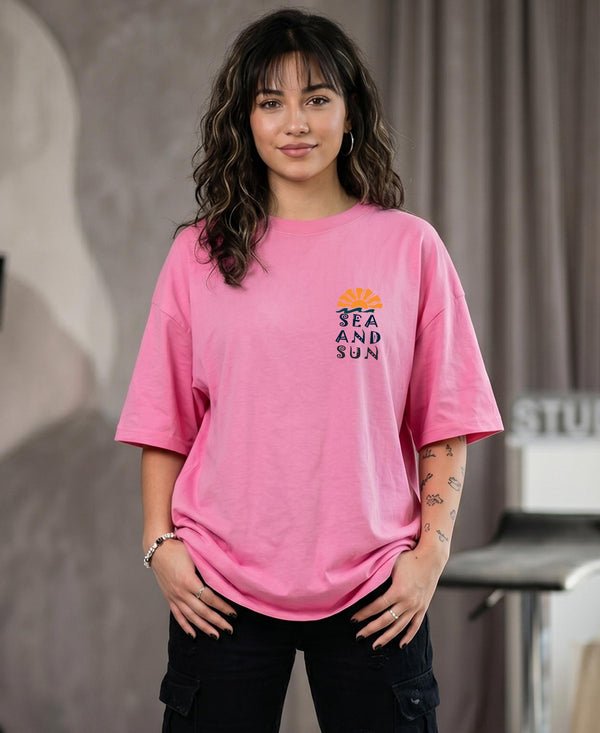 T.T. Women|Oversized Printed T-Shirt|Round Neck|Soft Breathable Cotton Fabric | Street , Casual & Outdoor Wear Tees|Sea & Sun Print|Pink