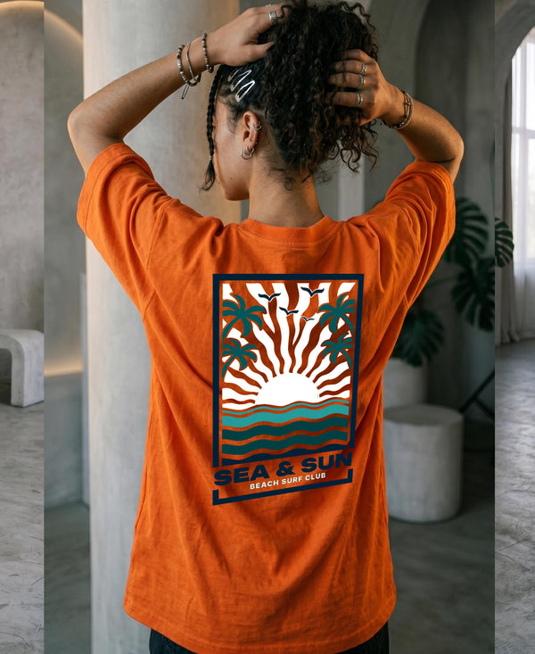 T.T. Women|Oversized Printed T-Shirt|Round Neck|Soft Breathable Cotton Fabric | Street , Casual & Outdoor Wear Tees|Sea & Sun Print|Orange