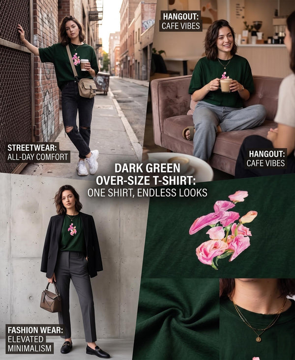 T.T. Women|Oversized Printed T-Shirt|Round Neck|Soft Breathable Cotton Fabric | Street , Casual & Outdoor Wear Tees|Flower Print|Green