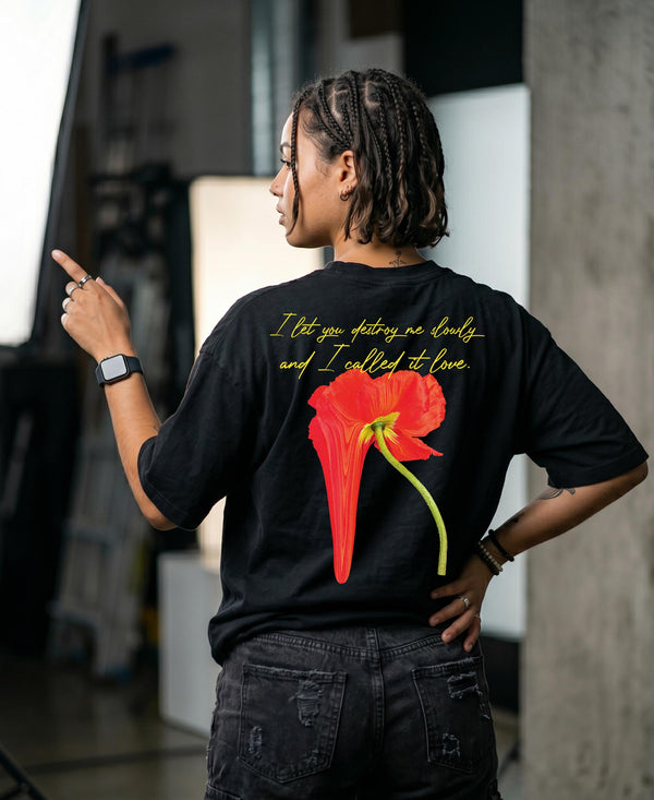 T.T. Women|Oversized Printed T-Shirt|Round Neck|Soft Breathable Cotton Fabric | Street , Casual & Outdoor Wear Tees|Flower Print|Black