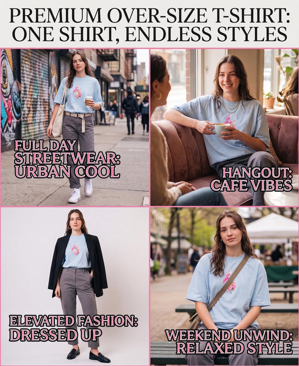 T.T. Women|Oversized Printed T-Shirt|Round Neck|Soft Breathable Cotton Fabric | Street , Casual & Outdoor Wear Tees|Flower Print|Baby Blue