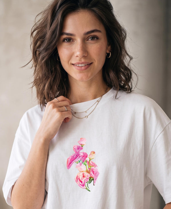 T.T. Women|Oversized Printed T-Shirt|Round Neck|Soft Breathable Cotton Fabric | Street , Casual & Outdoor Wear Tees|Flower Print|White