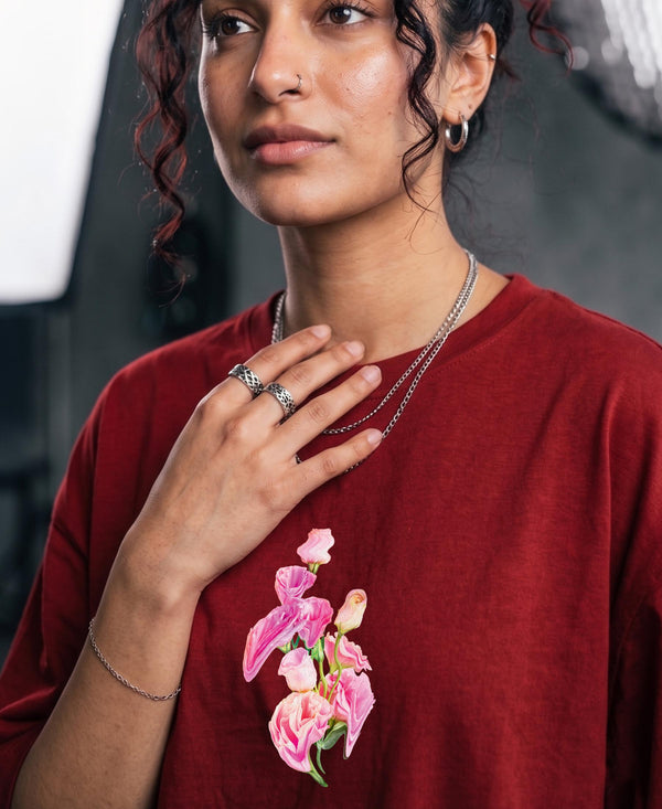 T.T. Women|Oversized Printed T-Shirt|Round Neck|Soft Breathable Cotton Fabric | Street , Casual & Outdoor Wear Tees|Flower Print|Red