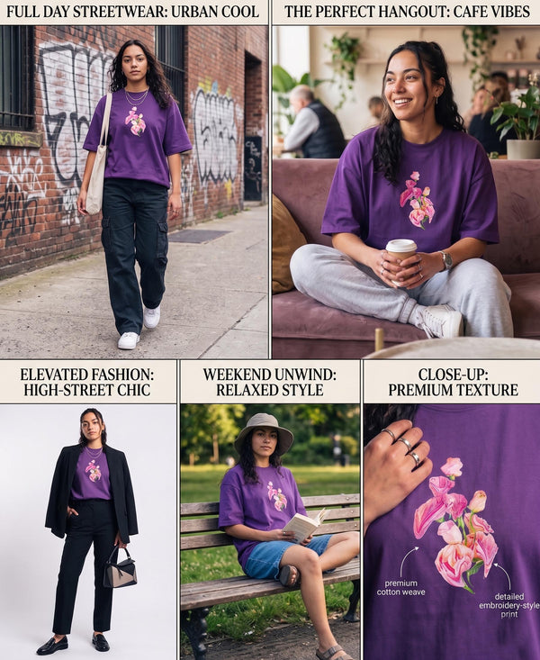 T.T. Women|Oversized Printed T-Shirt|Round Neck|Soft Breathable Cotton Fabric | Street , Casual & Outdoor Wear Tees|Flower Print|Purple