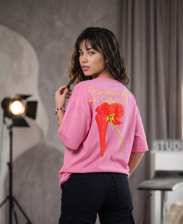 T.T. Women|Oversized Printed T-Shirt|Round Neck|Soft Breathable Cotton Fabric | Street , Casual & Outdoor Wear Tees|Flower Print|Pink