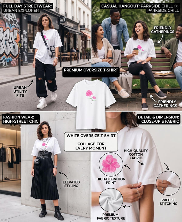 T.T. Women|Oversized Printed T-Shirt|Round Neck|Soft Breathable Cotton Fabric | Street , Casual & Outdoor Wear Tees|Wild Flower Print|White