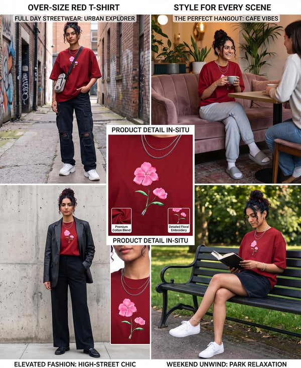 T.T. Women|Oversized Printed T-Shirt|Round Neck|Soft Breathable Cotton Fabric | Street , Casual & Outdoor Wear Tees|Wild Flower Print|Red