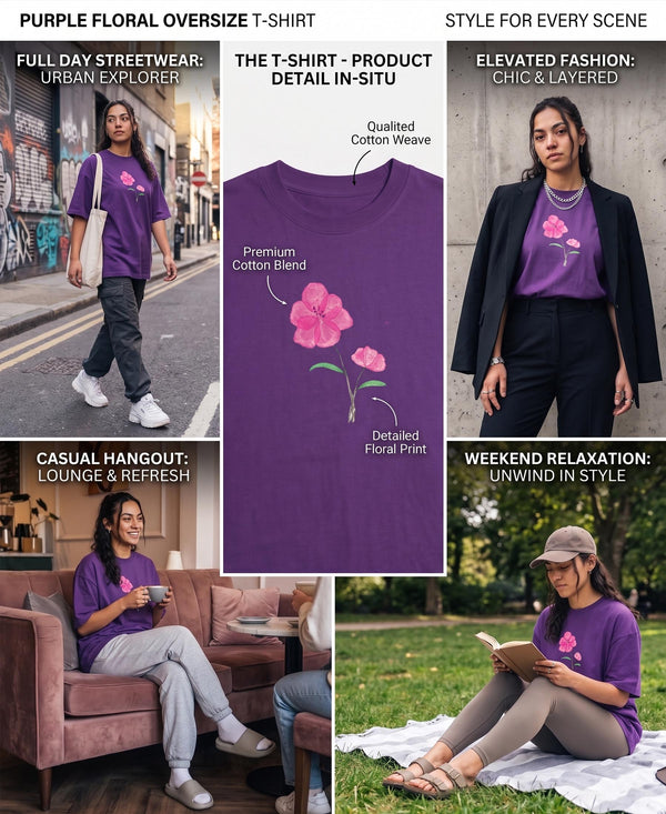 T.T. Women|Oversized Printed T-Shirt|Round Neck|Soft Breathable Cotton Fabric | Street , Casual & Outdoor Wear Tees|Wild Flower Print|Purple