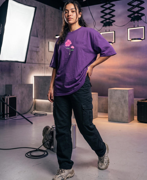 T.T. Women|Oversized Printed T-Shirt|Round Neck|Soft Breathable Cotton Fabric | Street , Casual & Outdoor Wear Tees|Wild Flower Print|Purple